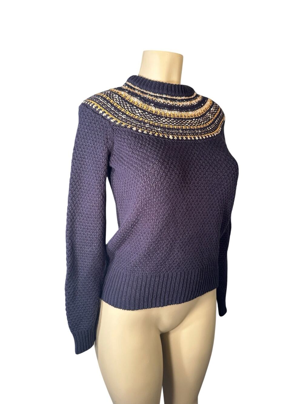 Women XS J.Crew The Reeds Navy Metallic Sparkly Fair Isle Waffle Knit Sweater